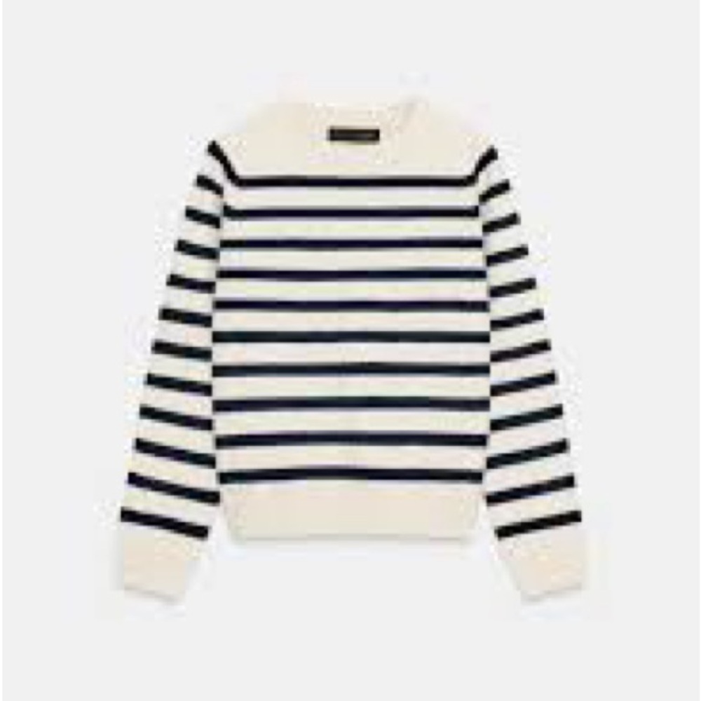 Zara Men's Cream and Black Striped Crewneck Sweater